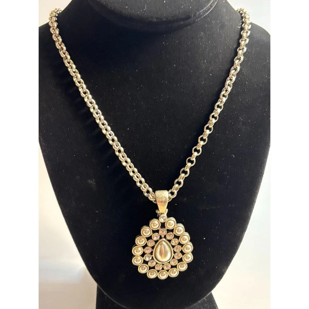 Pendant Necklace Silver Tone Faux Pearl Chunky Maximalist Boho Design